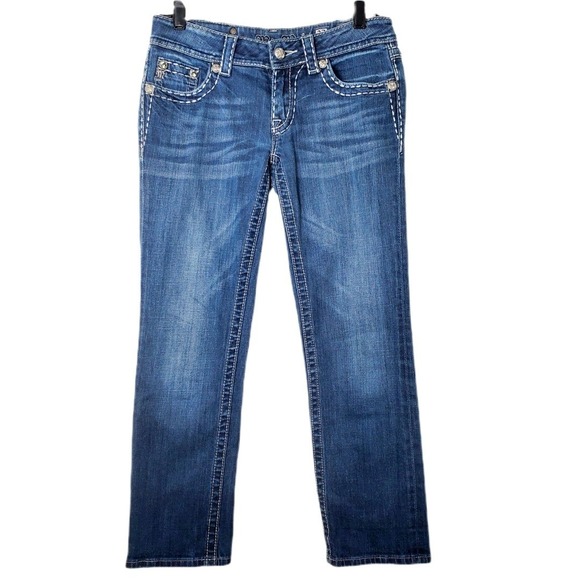 Miss Me Capri Cropped Jeans in Stretch Denim Roses Rhinestones Size 27 - Picture 2 of 14